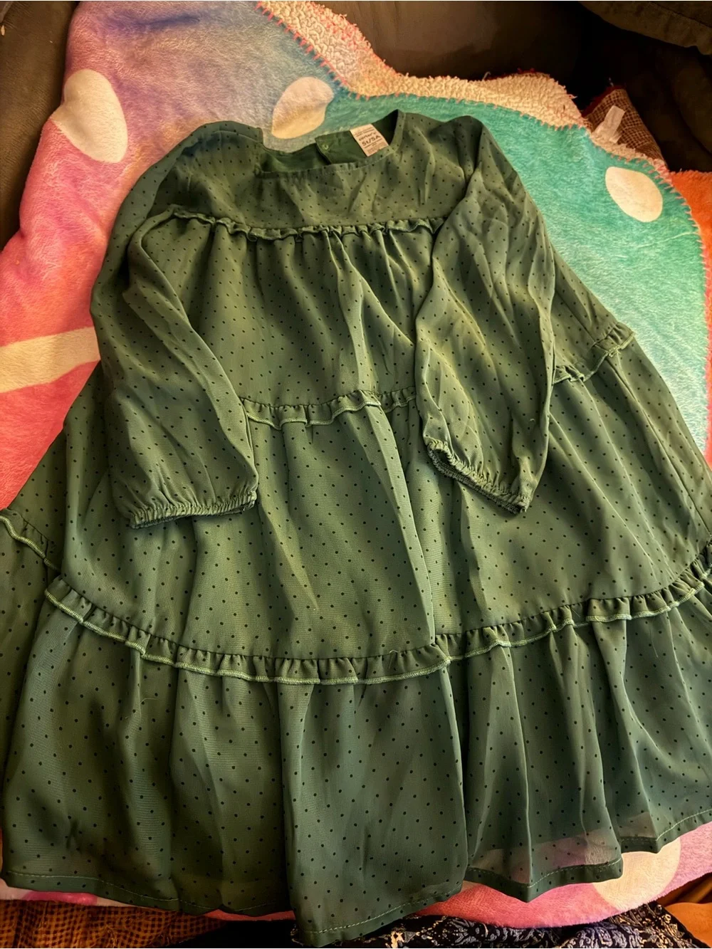 Carter's Dark Green Polka Dot Tiered Long-Sleeve Dress